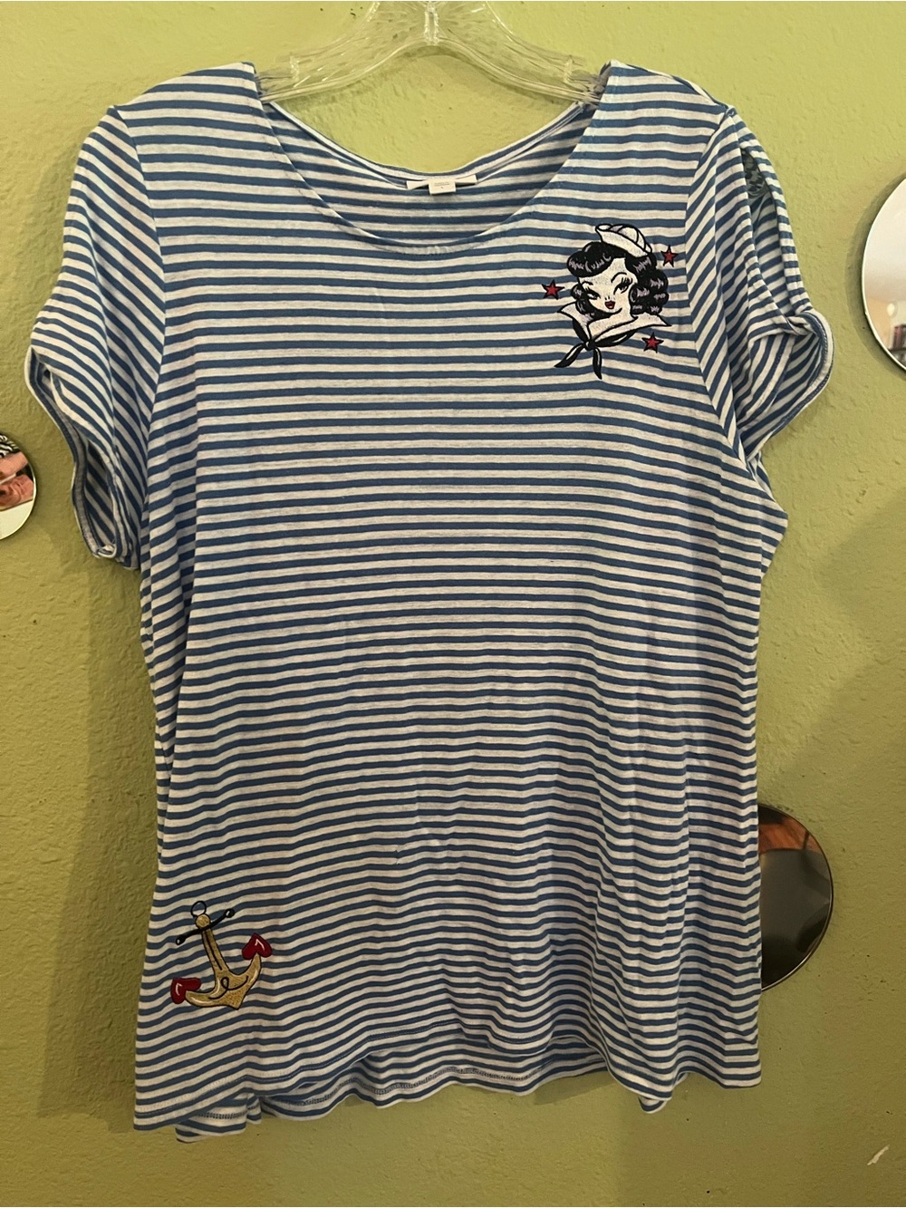 Upcycled Embroidered Blue & White Striped Nautical Tee